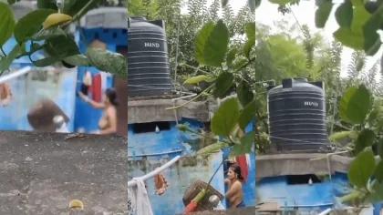 Desi Village Young Bhabhi Big Tanker Boobs After Bath Toweling Her Body Someone Peeping By Side Wall Captured Hd Video