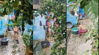 Desi Village Milf Bhabhi Bathing Her Home Inside Compound Peeping Neighbour By Side Wall Captured Part-1